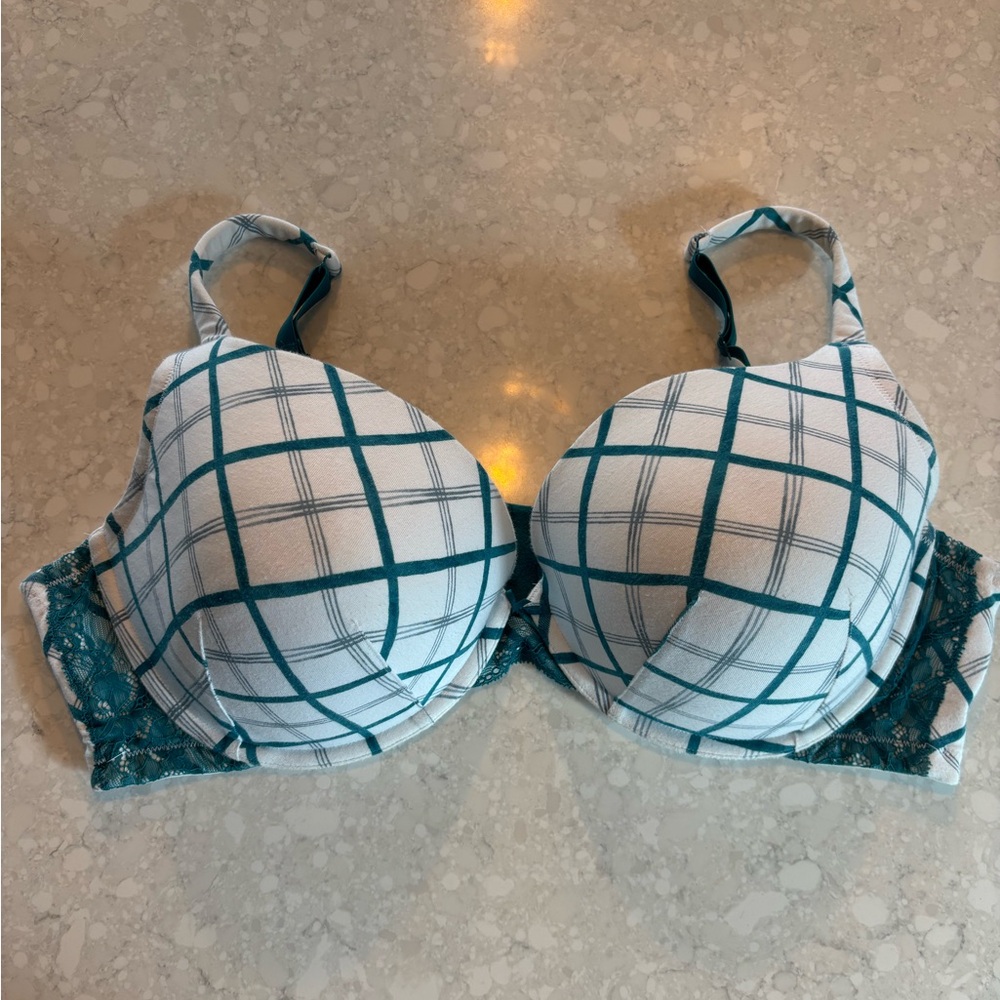 Cacique Teal and White Plaid Lace-Trim Push-Up Bra